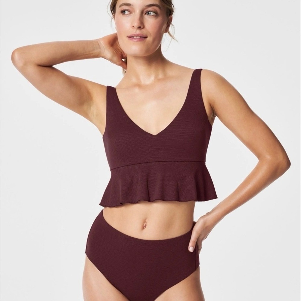 Spanx Pique Peplum Swim Top Burgundy Wine V-Neck Ruffle Tankini 1X